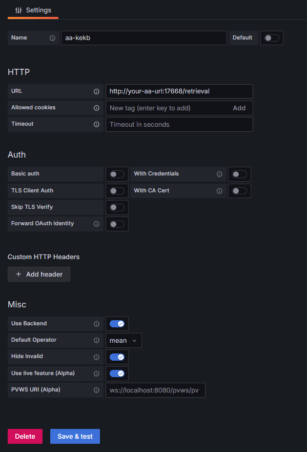 Datasrouce settings
